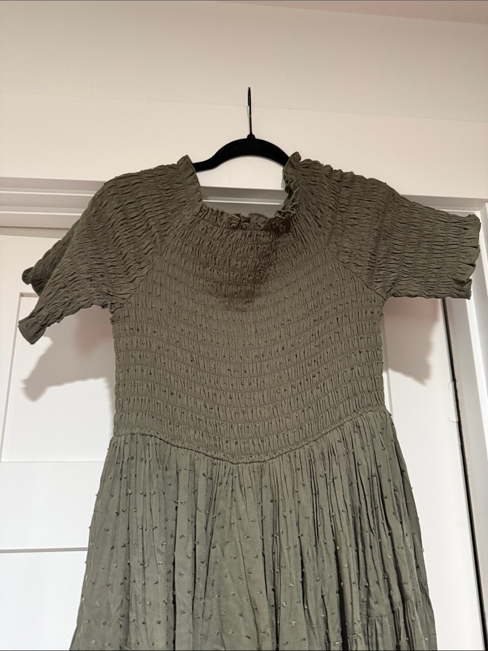 Smocked Olive Green Maxi Dress with Short Sleeves - Picture 2 of 3